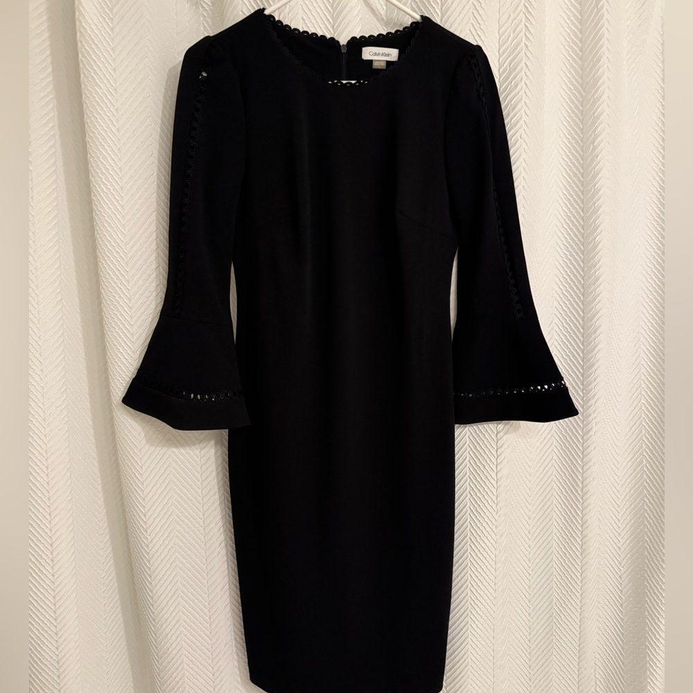 Black Calvin Klein Scalloped Midi Dress w Bell Sleeves